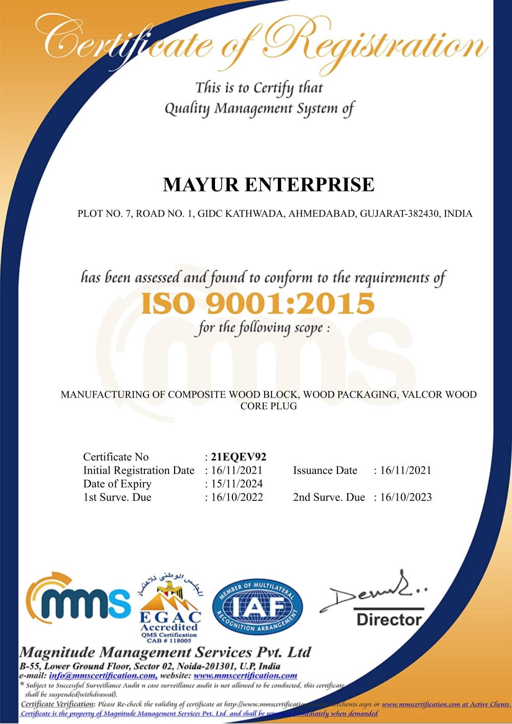 Mayur Enterprise ISO 9001:2015 Certificate