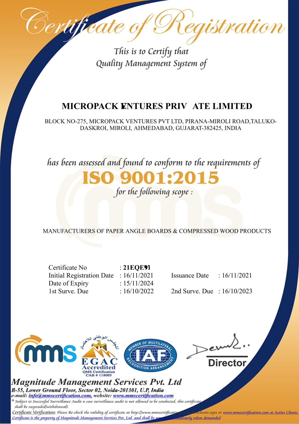 Micropack Ventures Pvt. Ltd. ISO 9001:2015 Certificate