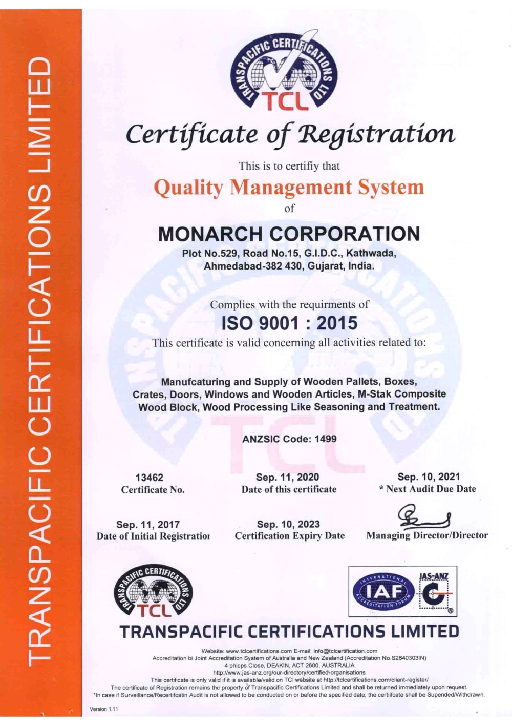 Monarch Corporation ISO 9001:2015 Certificate